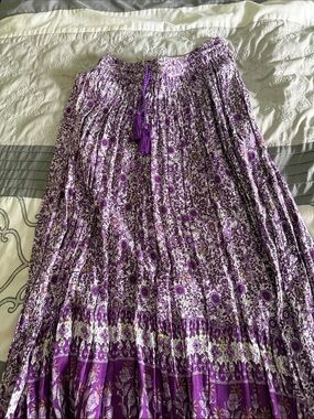 Boho Purple Floral Pleated Maxi Skirt with Tassel Tie